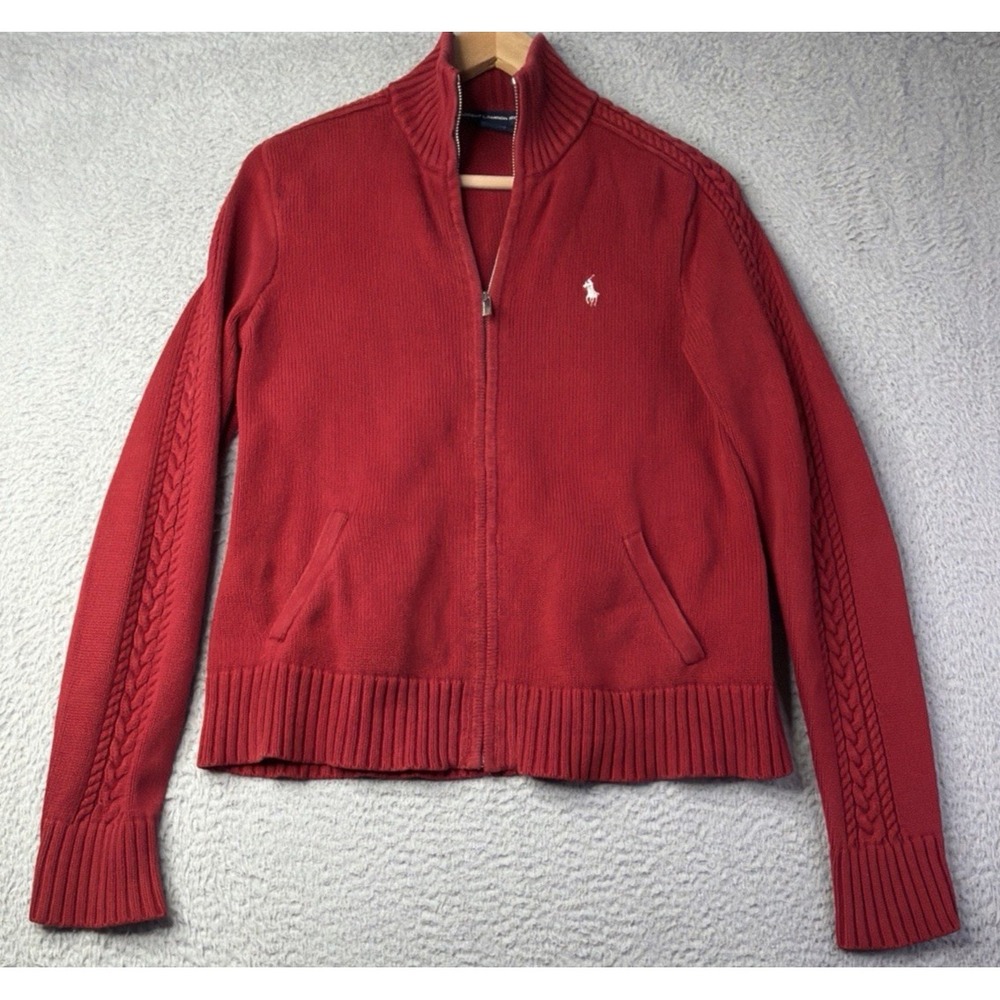 Ralph Lauren Sweater Womens Size Large Full Zip Red White Pony Logo 100% Cotton